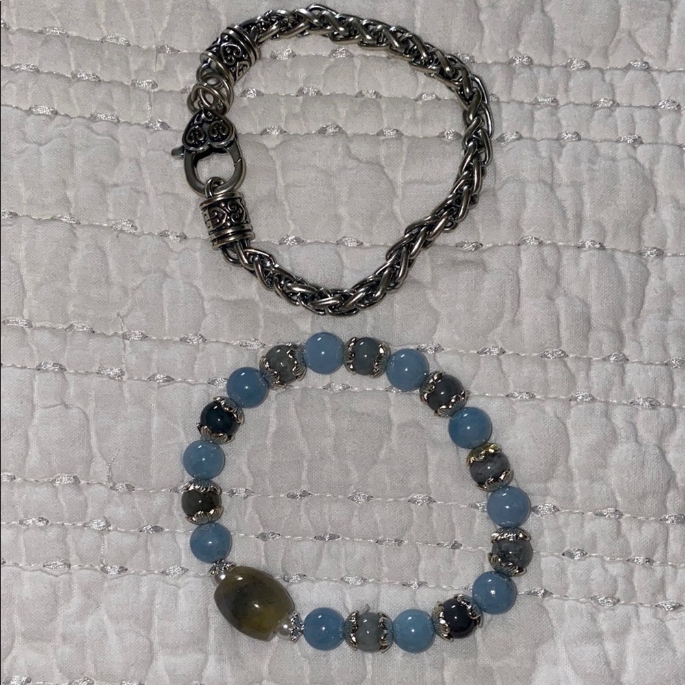Silver and Blue Beaded Bracelet Set